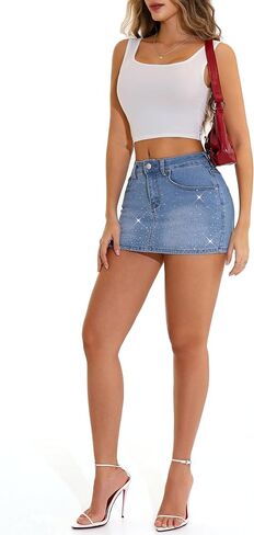 GUANYY Jean Skirt for Women Denim Stretchy Low Waisted Rhinestone Sparkly Micro Mini Skirt with Shorts Underneath in Saudi Arabia