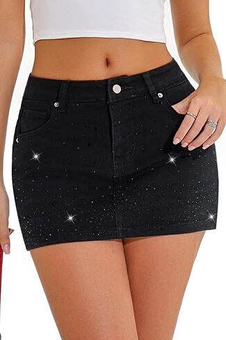 GUANYY Jean Skirt for Women Denim Stretchy Low Waisted Rhinestone Sparkly Micro Mini Skirt with Shorts Underneath in Saudi Arabia