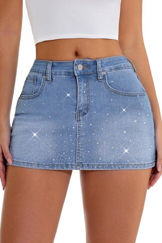 GUANYY Jean Skirt for Women Denim Stretchy Low Waisted Rhinestone Sparkly Micro Mini Skirt with Shorts Underneath in Saudi Arabia