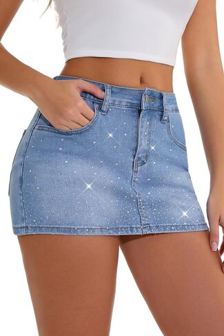 GUANYY Jean Skirt for Women Denim Stretchy Low Waisted Rhinestone Sparkly Micro Mini Skirt with Shorts Underneath in Saudi Arabia
