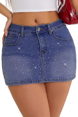 GUANYY Jean Skirt for Women Denim Stretchy Low Waisted Rhinestone Sparkly Micro Mini Skirt with Shorts Underneath in Saudi Arabia