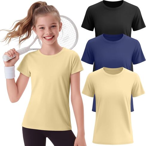 3 Pack Girls Athletic Shirts Short Sleeve T-Shirts Kids Quick Dry Crewneck Sports Tops Basic Summer Yoga Tee 5-14 Y in Saudi Arabia