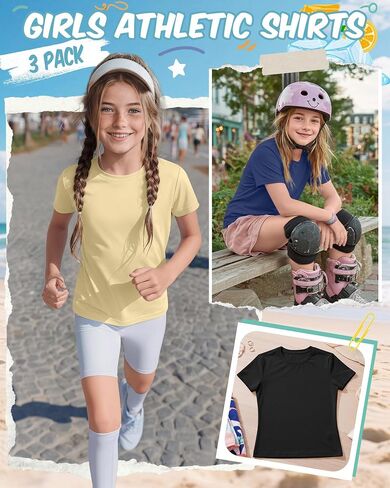 3 Pack Girls Athletic Shirts Short Sleeve T-Shirts Kids Quick Dry Crewneck Sports Tops Basic Summer Yoga Tee 5-14 Y in Saudi Arabia