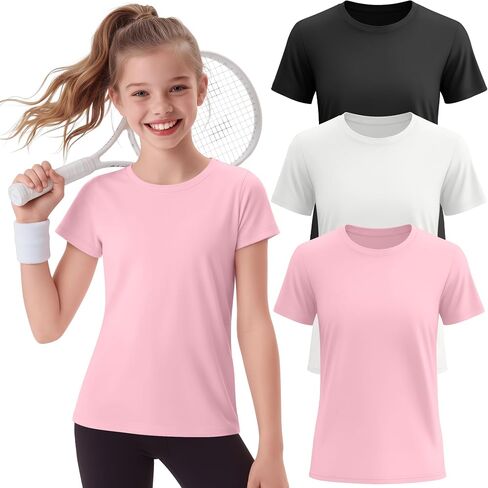 3 Pack Girls Athletic Shirts Short Sleeve T-Shirts Kids Quick Dry Crewneck Sports Tops Basic Summer Yoga Tee 5-14 Y in Saudi Arabia