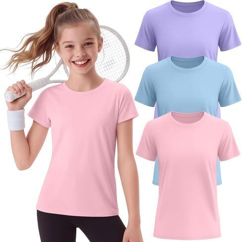 3 Pack Girls Athletic Shirts Short Sleeve T-Shirts Kids Quick Dry Crewneck Sports Tops Basic Summer Yoga Tee 5-14 Y in Saudi Arabia