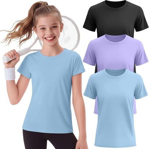 3 Pack Girls Athletic Shirts Short Sleeve T-Shirts Kids Quick Dry Crewneck Sports Tops Basic Summer Yoga Tee 5-14 Y in Saudi Arabia