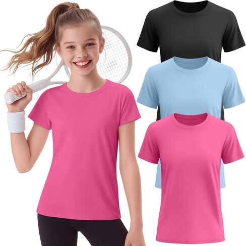 3 Pack Girls Athletic Shirts Short Sleeve T-Shirts Kids Quick Dry Crewneck Sports Tops Basic Summer Yoga Tee 5-14 Y in Saudi Arabia