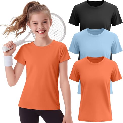 3 Pack Girls Athletic Shirts Short Sleeve T-Shirts Kids Quick Dry Crewneck Sports Tops Basic Summer Yoga Tee 5-14 Y in Saudi Arabia