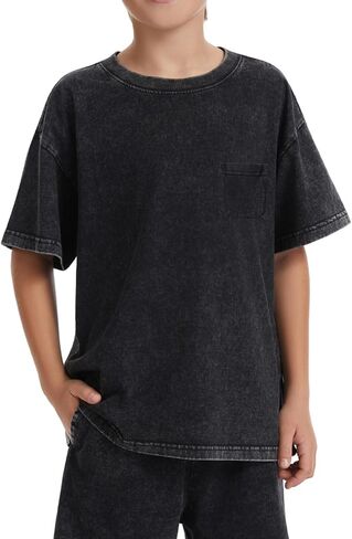 KEEPSHOWING Boys Girls Tshirts Kids Cotton Acid Wash Oversized T Shirts Unisex Loose Fit T-Shirts Tops Tees 3-16Y in Kuwait