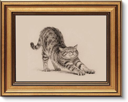 VIYYIEA Vintage Gold Framed Wall Art for Living Room, Canvas Wall Art, Vintage Pictures Decor Animal Painting Bedroom, Home Decor Aesthetic Gifts for Friends or Family - Cat stretching 10L x 8W in Saudi Arabia