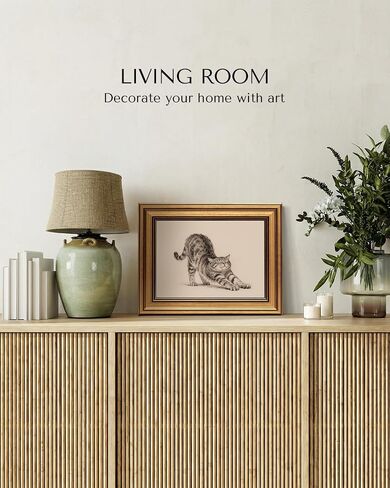VIYYIEA Vintage Gold Framed Wall Art for Living Room, Canvas Wall Art, Vintage Pictures Decor Animal Painting Bedroom, Home Decor Aesthetic Gifts for Friends or Family - Cat stretching 10L x 8W in Saudi Arabia