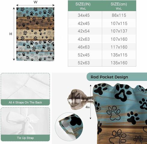 Cute Dog Claws Tie Up Curtains for Window, Farmhouse Blue Wooden Puppy Pawprints Thermal Insulated Balloon Shade Adjustable Rod Pocket Curtains Valance Panels for Kitchen Bathroom Café 52'' x 45'' in Saudi Arabia