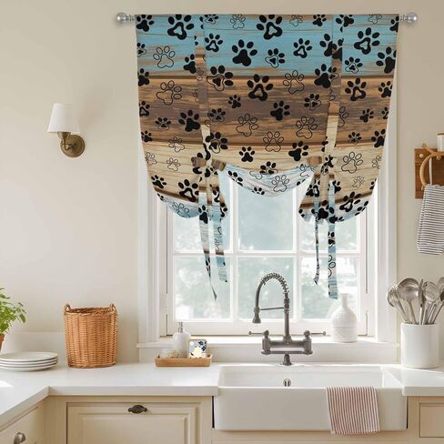 Cute Dog Claws Tie Up Curtains for Window, Farmhouse Blue Wooden Puppy Pawprints Thermal Insulated Balloon Shade Adjustable Rod Pocket Curtains Valance Panels for Kitchen Bathroom Café 52'' x 45'' in Saudi Arabia
