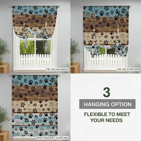 Cute Dog Claws Tie Up Curtains for Window, Farmhouse Blue Wooden Puppy Pawprints Thermal Insulated Balloon Shade Adjustable Rod Pocket Curtains Valance Panels for Kitchen Bathroom Café 52'' x 45'' in Saudi Arabia