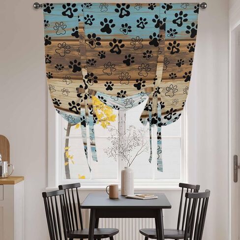 Cute Dog Claws Tie Up Curtains for Window, Farmhouse Blue Wooden Puppy Pawprints Thermal Insulated Balloon Shade Adjustable Rod Pocket Curtains Valance Panels for Kitchen Bathroom Café 52'' x 45'' in Saudi Arabia