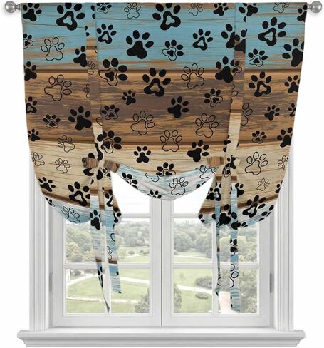 Cute Dog Claws Tie Up Curtains for Window, Farmhouse Blue Wooden Puppy Pawprints Thermal Insulated Balloon Shade Adjustable Rod Pocket Curtains Valance Panels for Kitchen Bathroom Café 52'' x 45'' in Saudi Arabia