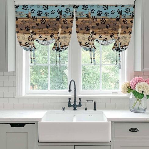 Cute Dog Claws Tie Up Curtains for Window, Farmhouse Blue Wooden Puppy Pawprints Thermal Insulated Balloon Shade Adjustable Rod Pocket Curtains Valance Panels for Kitchen Bathroom Café 52'' x 45'' in Saudi Arabia