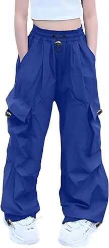 AOWKULAE Girls Cargo Pants Elastic Waist Drawstring Parachute Pants with Pockets Kids 5-14 Years in Kuwait