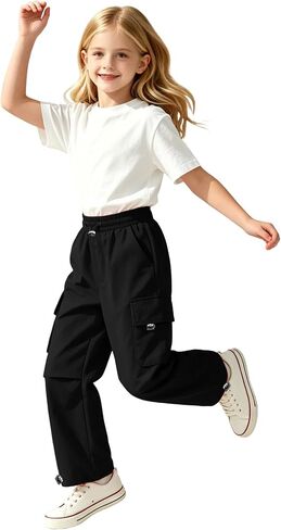 AOWKULAE Girls Cargo Pants Elastic Waist Drawstring Parachute Pants with Pockets Kids 5-14 Years in Kuwait