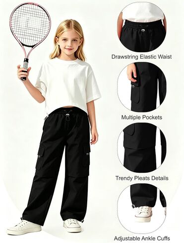 AOWKULAE Girls Cargo Pants Elastic Waist Drawstring Parachute Pants with Pockets Kids 5-14 Years in Kuwait