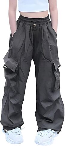 AOWKULAE Girls Cargo Pants Elastic Waist Drawstring Parachute Pants with Pockets Kids 5-14 Years in Kuwait