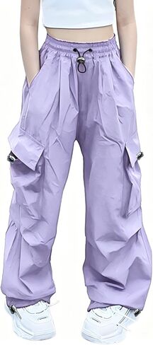 AOWKULAE Girls Cargo Pants Elastic Waist Drawstring Parachute Pants with Pockets Kids 5-14 Years in Kuwait