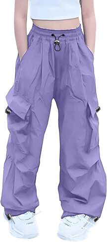 AOWKULAE Girls Cargo Pants Elastic Waist Drawstring Parachute Pants with Pockets Kids 5-14 Years in Kuwait