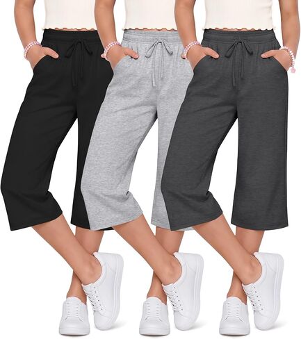 3 Pack Girls Capris Summer Capri Pants 5-16 Years Wide Leg Elastic Waist Cropped Pants Loose Sweatpants with Pocket in Kuwait