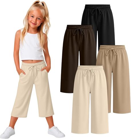 Oakgarden 4 Pack Girls' Capri Pants Wide Leg Drawstring Kids Summer Lightweight Cropped Sweatpants with Pockets 5-14 Years in Kuwait