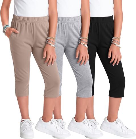 3 Pack Girls Capri Pants 5-16 Years Kids Capris Elastic Waist Casual Summer Lightweight Cropped Pants with Pockets in Kuwait