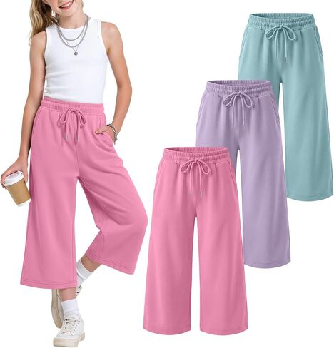 3 Pack Girls Capris Wide Leg Cropped Pants with Pockets, Kids Summer Drawstring Loose Sweatpants for Girls 5-16y in Kuwait