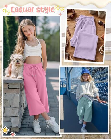 3 Pack Girls Capris Wide Leg Cropped Pants with Pockets, Kids Summer Drawstring Loose Sweatpants for Girls 5-16y in Kuwait