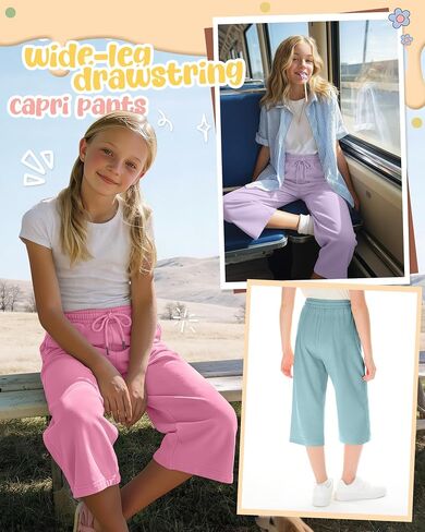 3 Pack Girls Capris Wide Leg Cropped Pants with Pockets, Kids Summer Drawstring Loose Sweatpants for Girls 5-16y in Kuwait