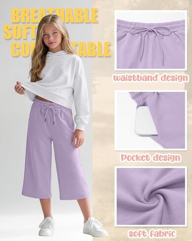 3 Pack Girls Capris Wide Leg Cropped Pants with Pockets, Kids Summer Drawstring Loose Sweatpants for Girls 5-16y in Kuwait