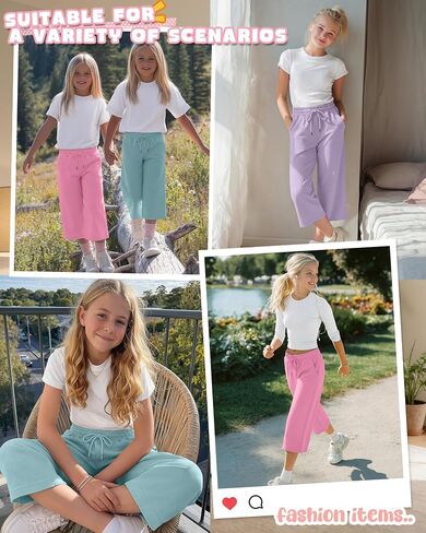 3 Pack Girls Capris Wide Leg Cropped Pants with Pockets, Kids Summer Drawstring Loose Sweatpants for Girls 5-16y in Kuwait