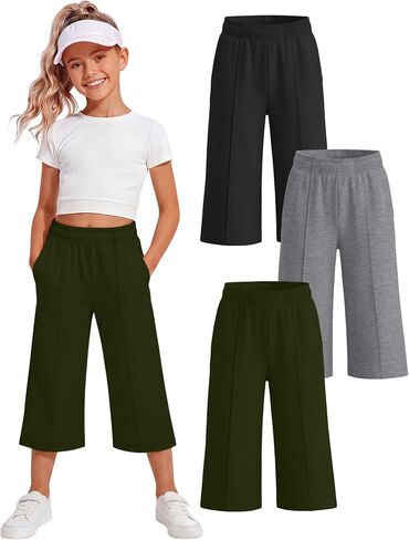 3 Pack Girls Capri Pants, Wide Leg Capris for 5-14 Y, Summer Kid Elastic Waist Cropped Sweatpant with Pocket in Kuwait
