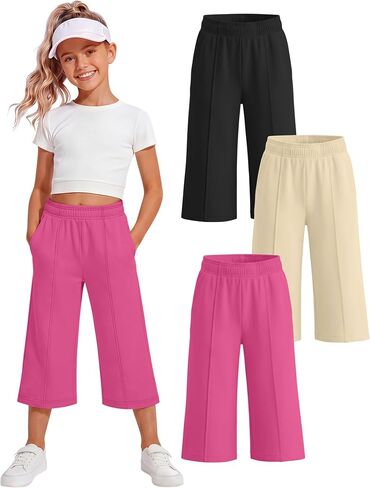 3 Pack Girls Capri Pants, Wide Leg Capris for 5-14 Y, Summer Kid Elastic Waist Cropped Sweatpant with Pocket in Saudi Arabia