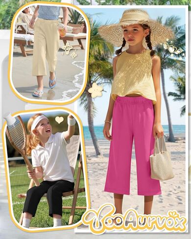 3 Pack Girls Capri Pants, Wide Leg Capris for 5-14 Y, Summer Kid Elastic Waist Cropped Sweatpant with Pocket in Saudi Arabia