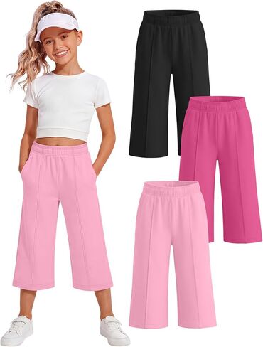 3 Pack Girls Capri Pants, Wide Leg Capris for 5-14 Y, Summer Kid Elastic Waist Cropped Sweatpant with Pocket in Saudi Arabia