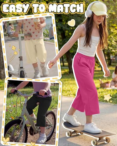 3 Pack Girls Capri Pants, Wide Leg Capris for 5-14 Y, Summer Kid Elastic Waist Cropped Sweatpant with Pocket in Saudi Arabia