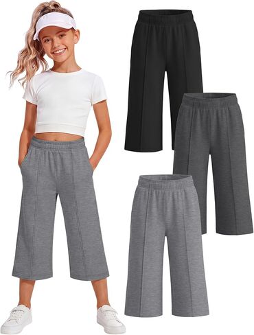 3 Pack Girls Capri Pants, Wide Leg Capris for 5-14 Y, Summer Kid Elastic Waist Cropped Sweatpant with Pocket in Saudi Arabia