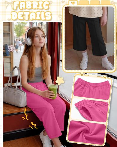 3 Pack Girls Capri Pants, Wide Leg Capris for 5-14 Y, Summer Kid Elastic Waist Cropped Sweatpant with Pocket in Saudi Arabia