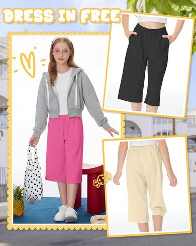 3 Pack Girls Capri Pants, Wide Leg Capris for 5-14 Y, Summer Kid Elastic Waist Cropped Sweatpant with Pocket in Saudi Arabia