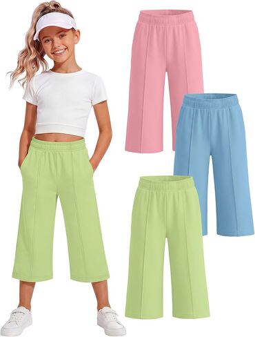 3 Pack Girls Capri Pants, Wide Leg Capris for 5-14 Y, Summer Kid Elastic Waist Cropped Sweatpant with Pocket in Saudi Arabia