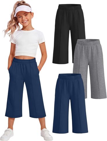 3 Pack Girls Capri Pants, Wide Leg Capris for 5-14 Y, Summer Kid Elastic Waist Cropped Sweatpant with Pocket in Saudi Arabia
