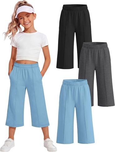 3 Pack Girls Capri Pants, Wide Leg Capris for 5-14 Y, Summer Kid Elastic Waist Cropped Sweatpant with Pocket in Saudi Arabia