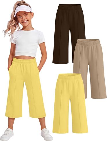 3 Pack Girls Capri Pants, Wide Leg Capris for 5-14 Y, Summer Kid Elastic Waist Cropped Sweatpant with Pocket in Saudi Arabia