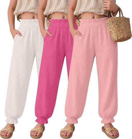 3 Pack Girls' Cotton Linen Pants Ruffle Elastic Waist Harem Pants Seersucker Boho Bloomers Vacation 5-14 Years in Kuwait