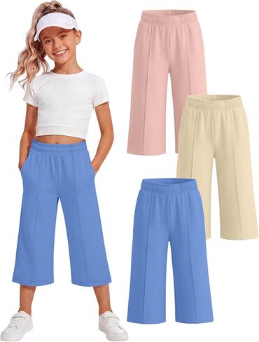 3 Pack Girls Capri Pants, Wide Leg Capris for 5-14 Y, Summer Kid Elastic Waist Cropped Sweatpant with Pocket in Saudi Arabia