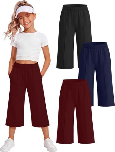 3 Pack Girls Capri Pants, Wide Leg Capris for 5-14 Y, Summer Kid Elastic Waist Cropped Sweatpant with Pocket in Saudi Arabia